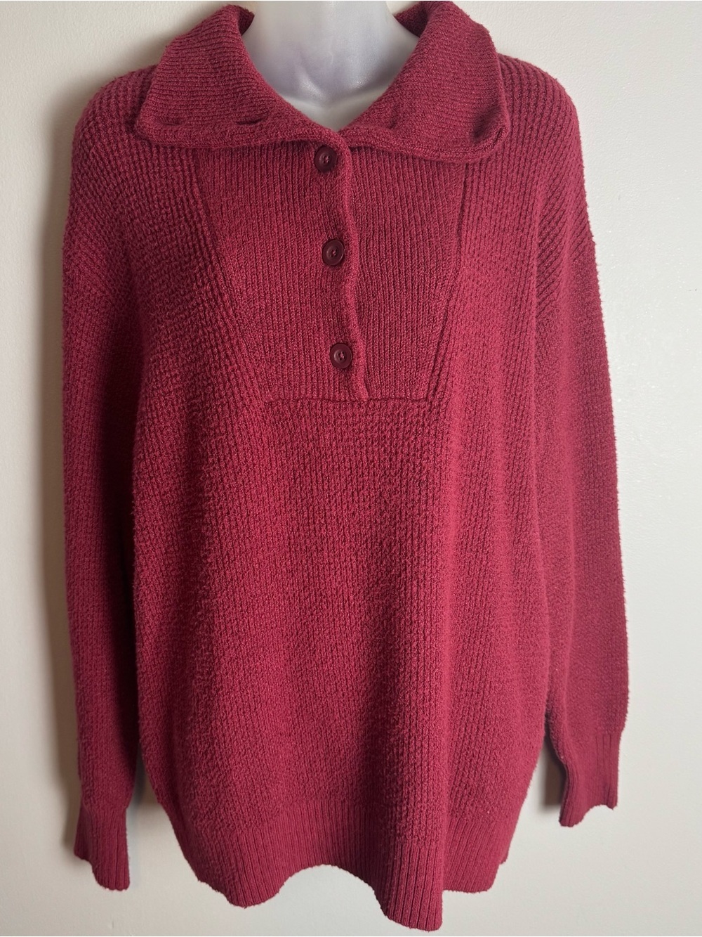 Aerie Oversized Red Waffle Knit Super Soft Quarter Button Up Pullover Sweater - Picture 2 of 8